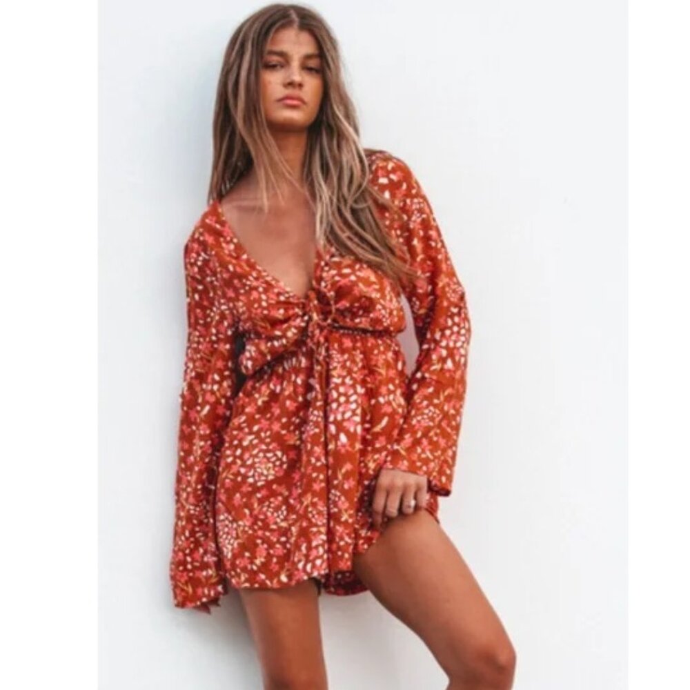 NWT Roxy Floral Rust Brown V-Neck Long Sleeve Boho Romper Size Large